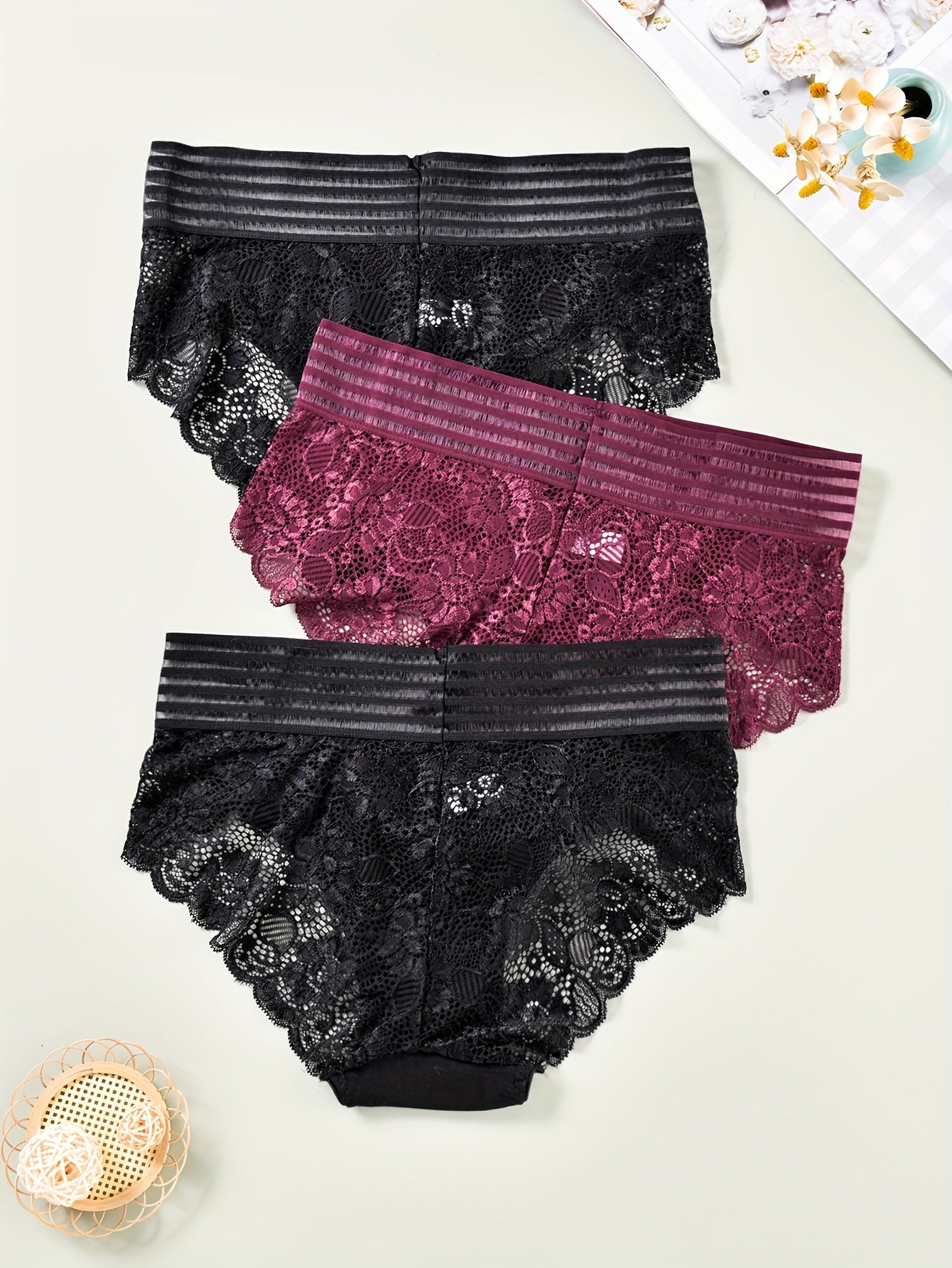 3 Pack Plus Size Lace Striped High Waist Briefs Set