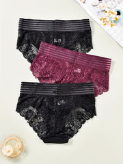 3 Pack Plus Size Lace Striped High Waist Briefs Set