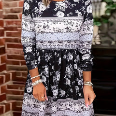 Ditsy Floral Print Long Sleeve Round Neck Dress