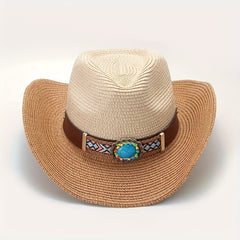 Bohemian Style Inlaid Stone Straw Hat Beach Cowboy Hat