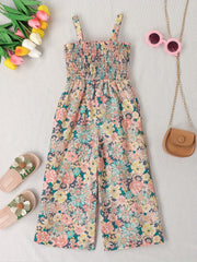 Girls Boho Flower Print Shirred Cami Jumpsuit For Party