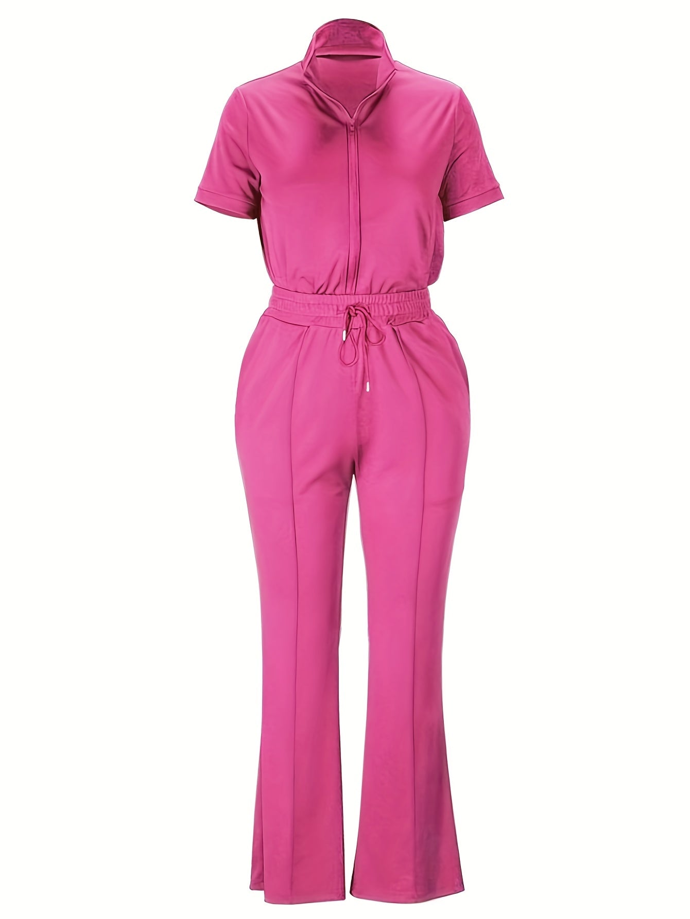 Casual Two Piece Set Zip Up Short Sleeve Tops & Drawstring Flared Leg Pant
