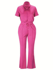 Casual Two Piece Set Zip Up Short Sleeve Tops & Drawstring Flared Leg Pant