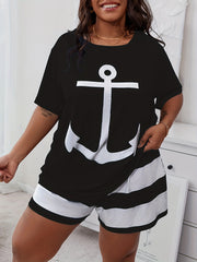 Anchor Print Top & Striped Shorts Pajama Set