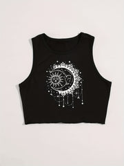 Sun & Moon Print Crop Tank Top Sleeveless Summer Casual Top