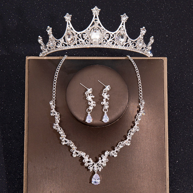 Baroque Silver Crystal Jewelry Set Rhinestone Tiara Crown Choker Necklace