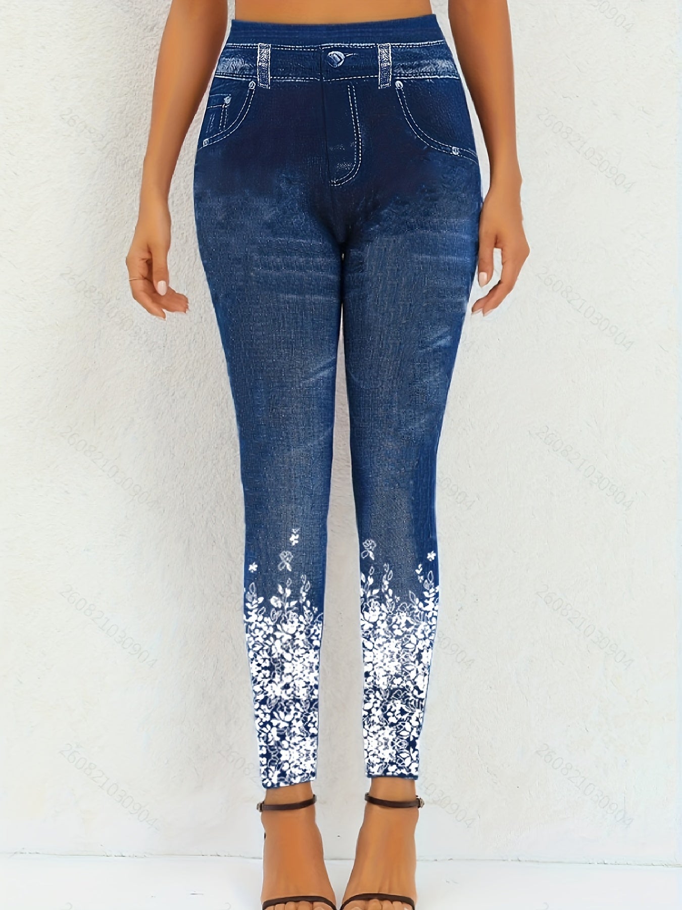 Floral & Denim Print High Rise Plus Leggings