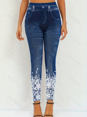 Floral & Denim Print High Rise Plus Leggings