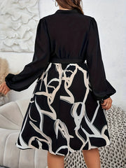 Colorblock Abstract Stripe Print Lantern Sleeve Belted Dress