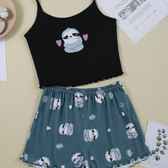 Sloth Print Pajama Set Crew Neck Cami Top & Shorts