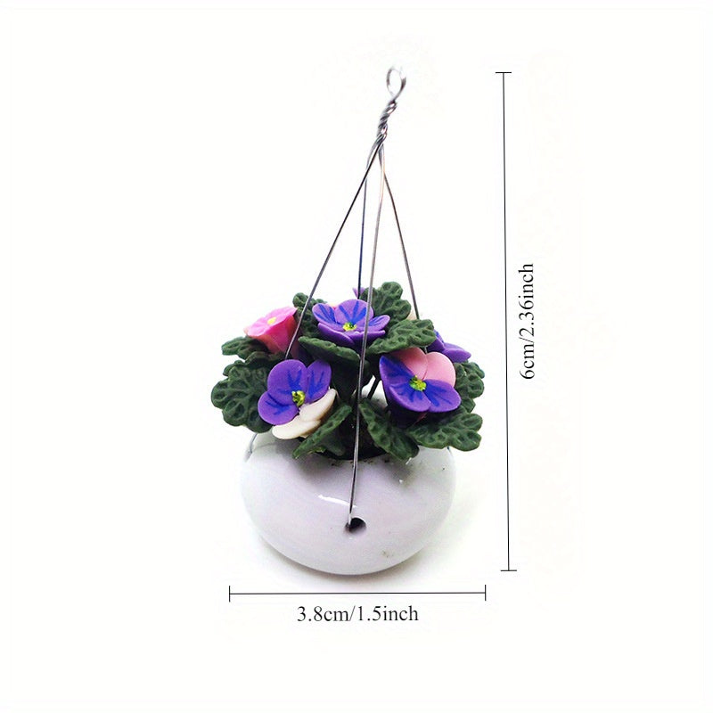 1:12 Dollhouse Clay Flower Pot Purple & Pink Mini Plant with Hanging Chain