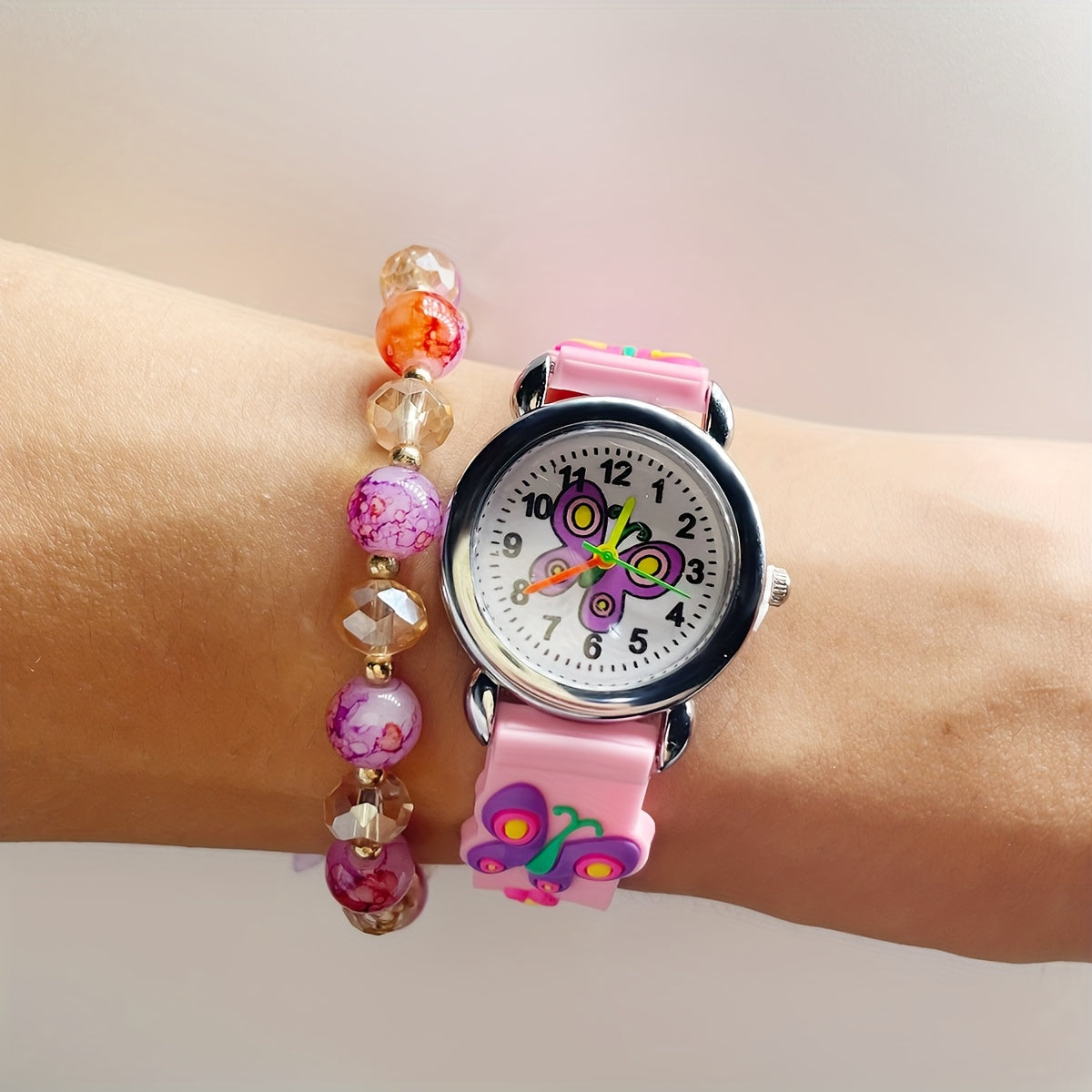 Kids Pink Butterfly Bracelet & Round Watch Set