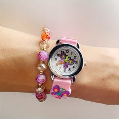 Kids Pink Butterfly Bracelet & Round Watch Set