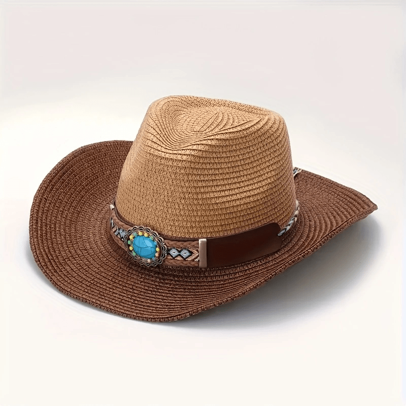 Bohemian Stone Studded Cowboy Straw Hat for Sun Protection