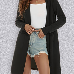 Solid Open Front Jacket Casual Mid Length Long Sleeve Outerwear