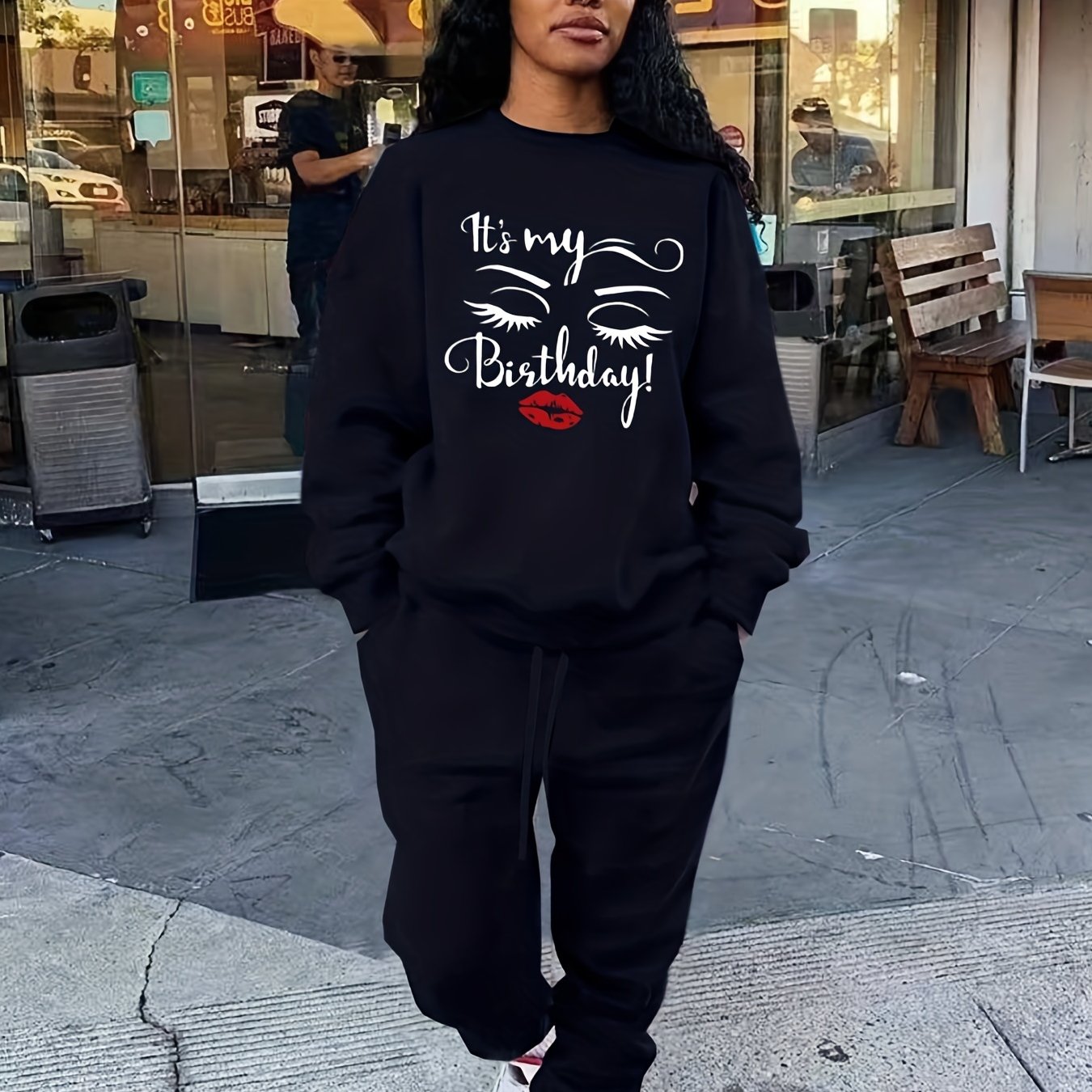 Casual Workout 2pc Set Lips & Letter Print Long Sleeve Tops & Jogger Pants