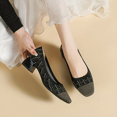 Women's Knitted Mid Heels Colorblock Slip On Shoes Chunky Heels