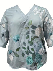 Casual Blouse Women's Plus Floral Print Half Sleeve V Neck