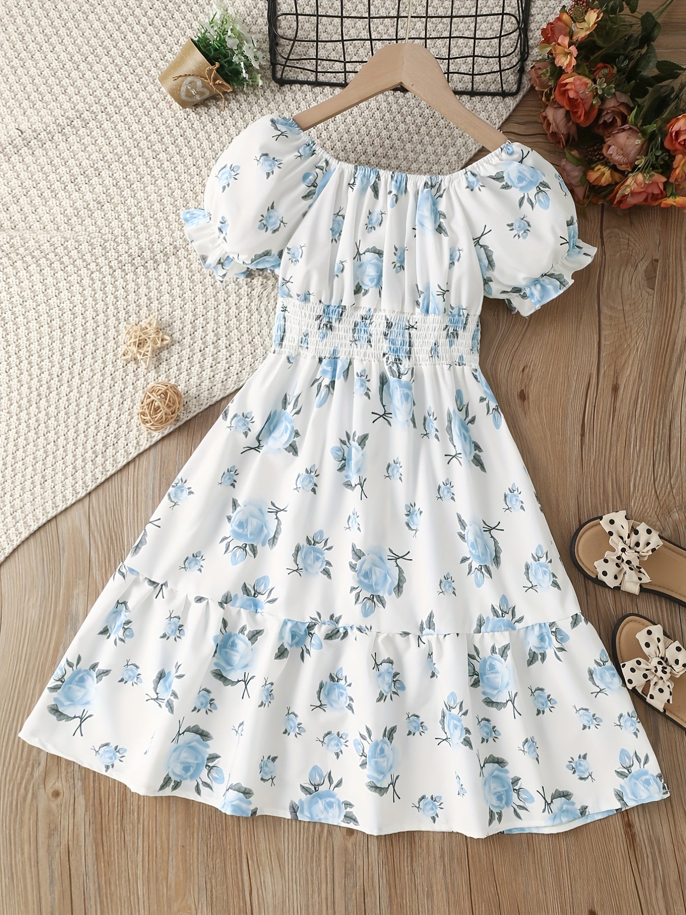 Girls Floral Dress Stretchy Waist Swing Dresses Short Sleeve