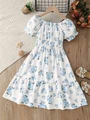 Girls Floral Dress Stretchy Waist Swing Dresses Short Sleeve