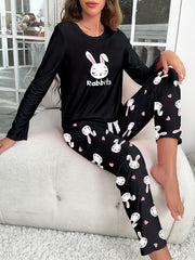 Rabbit Print Pajama Set Short Sleeve Crew Neck Top & Pants