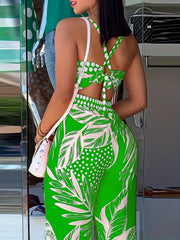 Tropical Print Wide Leg Jumpsuit Boho Sleeveless Jumpsuit