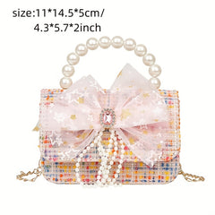 Kids Bow Decor Chain Crossbody Bag Faux Pearl Handbag Small Shoulder Bag