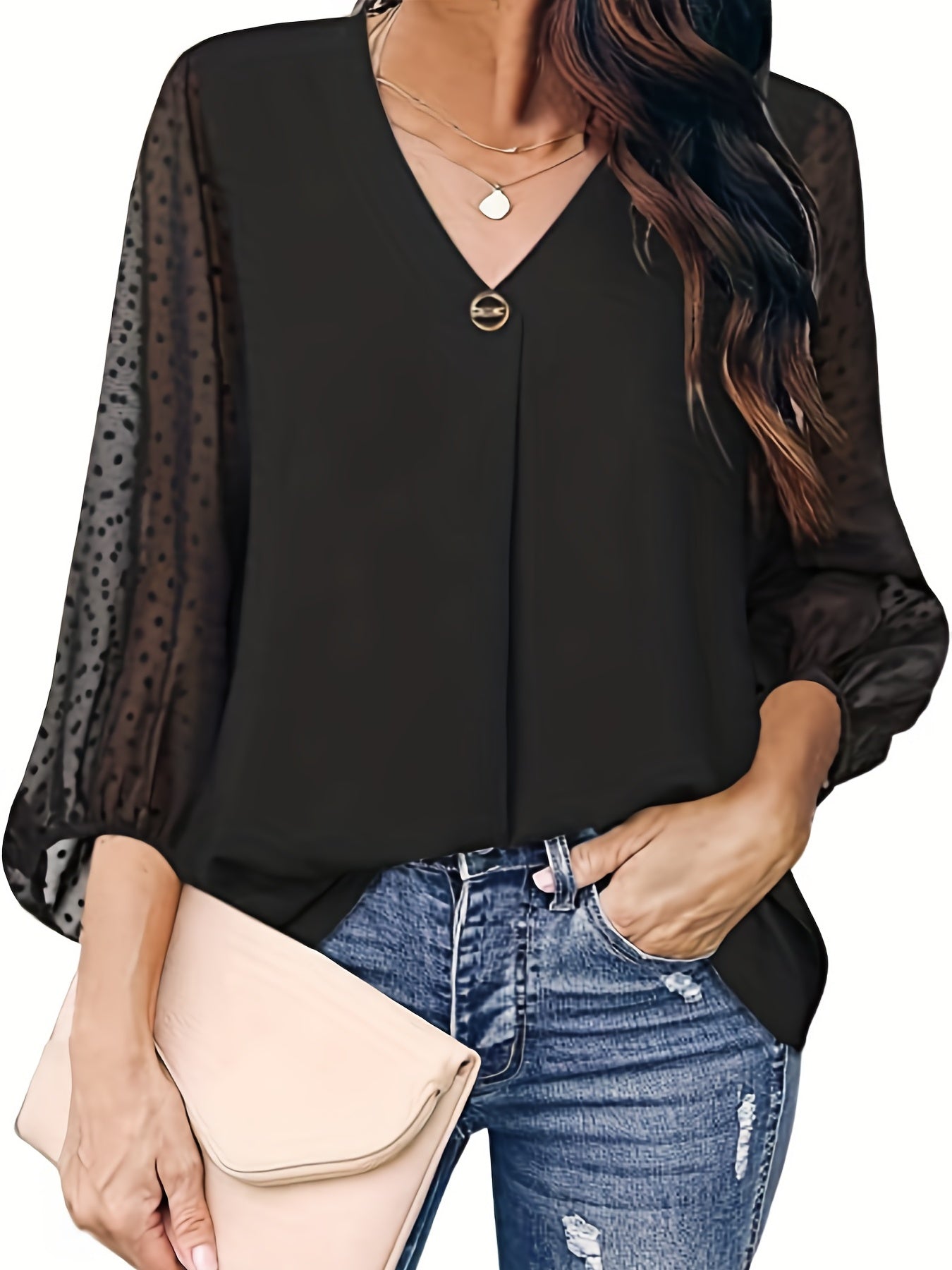 V Neck Loose Blouses Casual Mesh Stitching Dot Pom Poms 3/4 Sleeve Tops