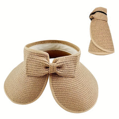Foldable Straw Visor Hat with Bowknot Wide Brim for Women