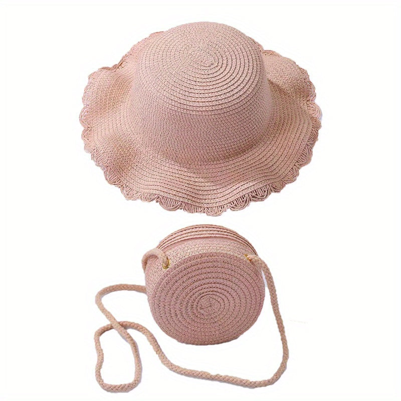 Kids Straw Crossbody Bag and Seaside Hat Set