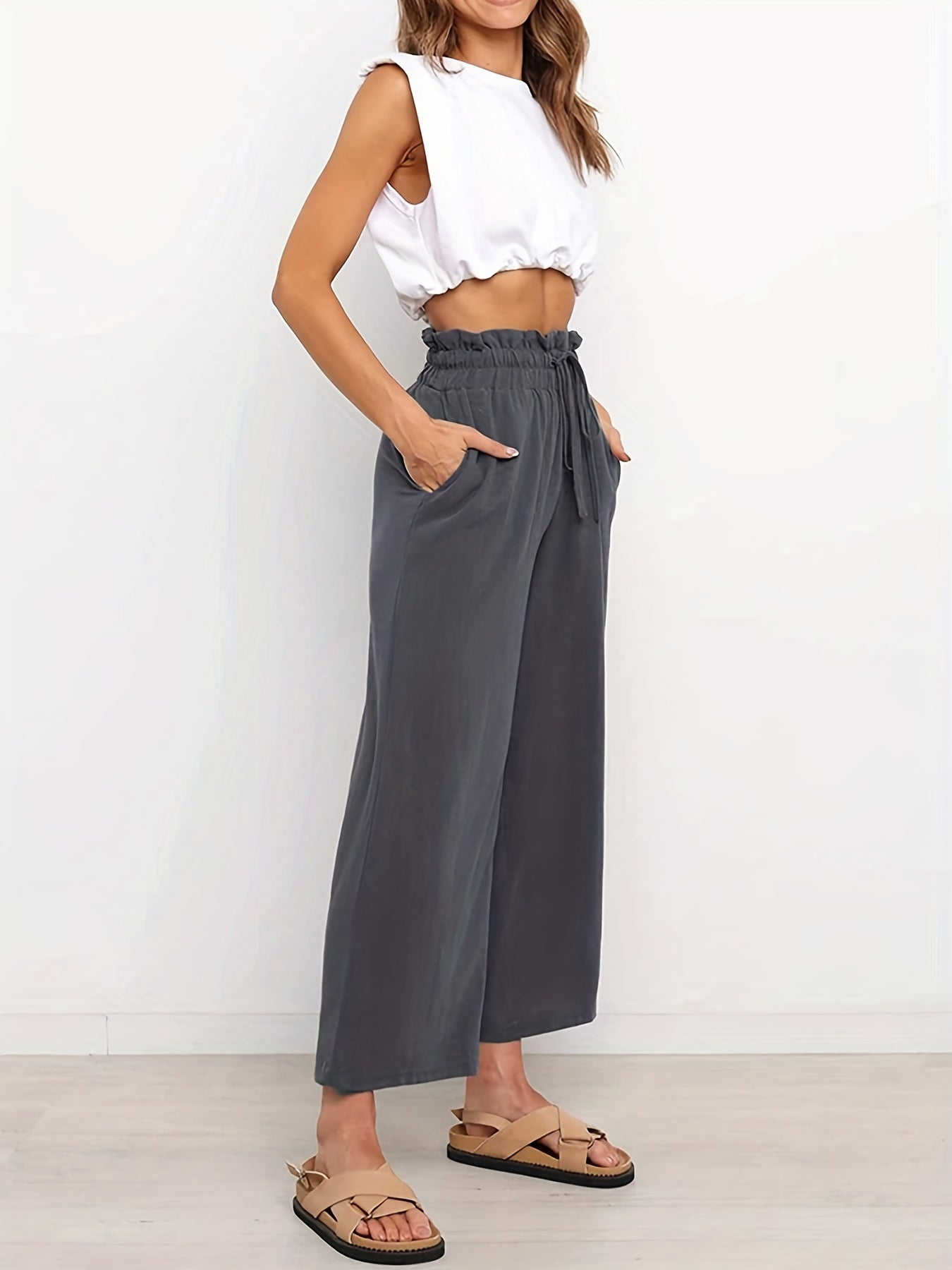 High Waist Cropped Pants Casual Drawstring Waist Pants