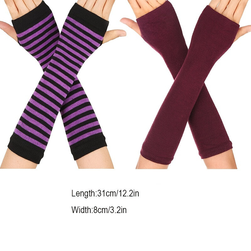 Knitted Striped Fingerless Elbow Gloves Warmer For Christmas Party