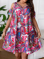 Paisley Print Cold Shoulder V Neck Dress