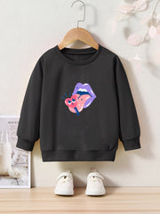 Cartoon Lips & Heart Print Girls Sweater, Long Sleeve Crew Neck Top