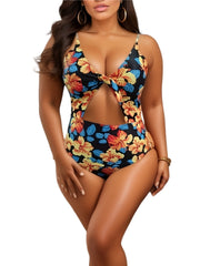 Retro Swimsuit Floral Print Cut Out Twist Front Tummy Control
