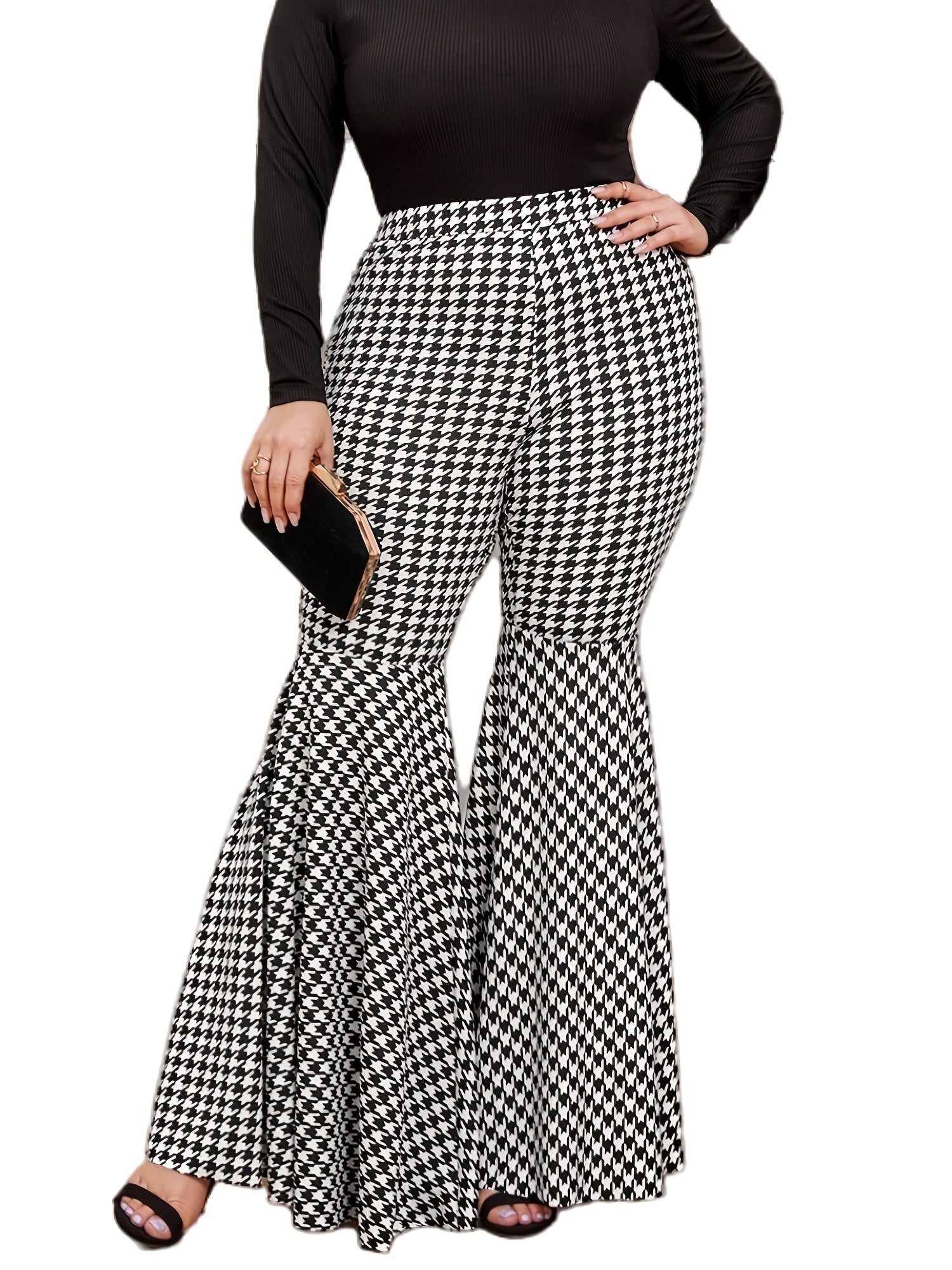 Houndstooth Flared Pants Retro High Rise Plus Women's