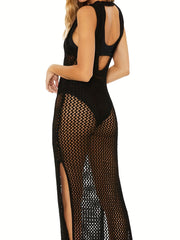 Round Neck Cover Up Dress Hollow Out See Through Backless Split Crochet Dress
