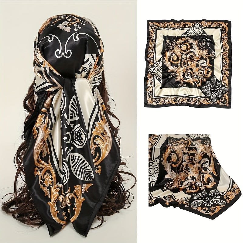 Boho Flower Print Square Scarf Silk Bandana Vintage Satin Shawl