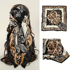 Boho Flower Print Square Scarf Silk Bandana Vintage Satin Shawl