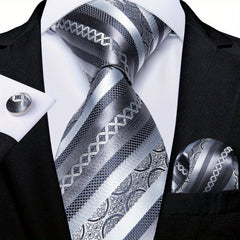 Grey Tie Set Necktie Handkerchief Cufflinks for Party Gift
