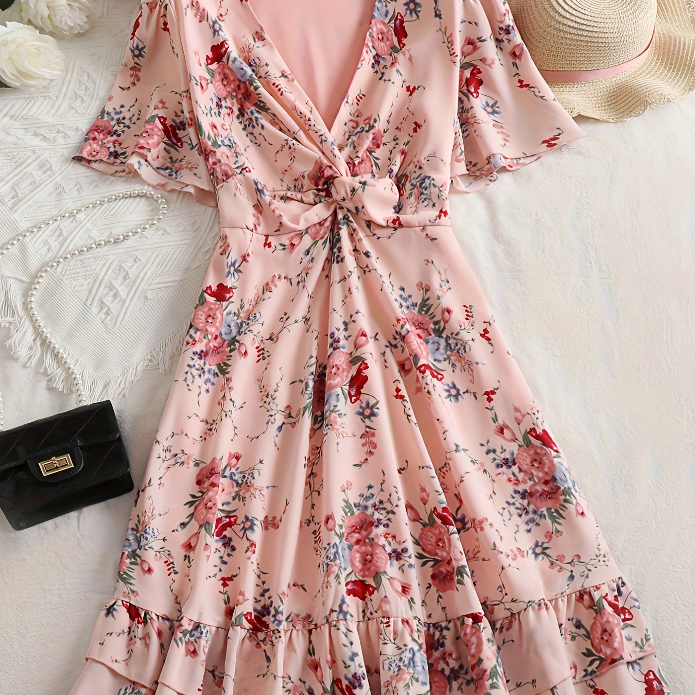 Floral Print Short Sleeve V Neck Dress