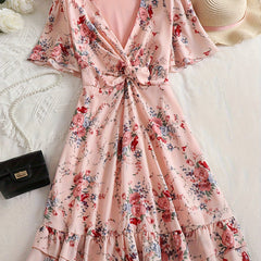 Floral Print Short Sleeve V Neck Dress