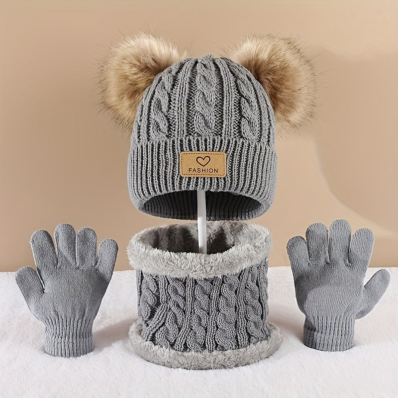 Winter Fur Ball Beanie Scarf Gloves Set