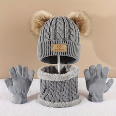 Winter Fur Ball Beanie Scarf Gloves Set