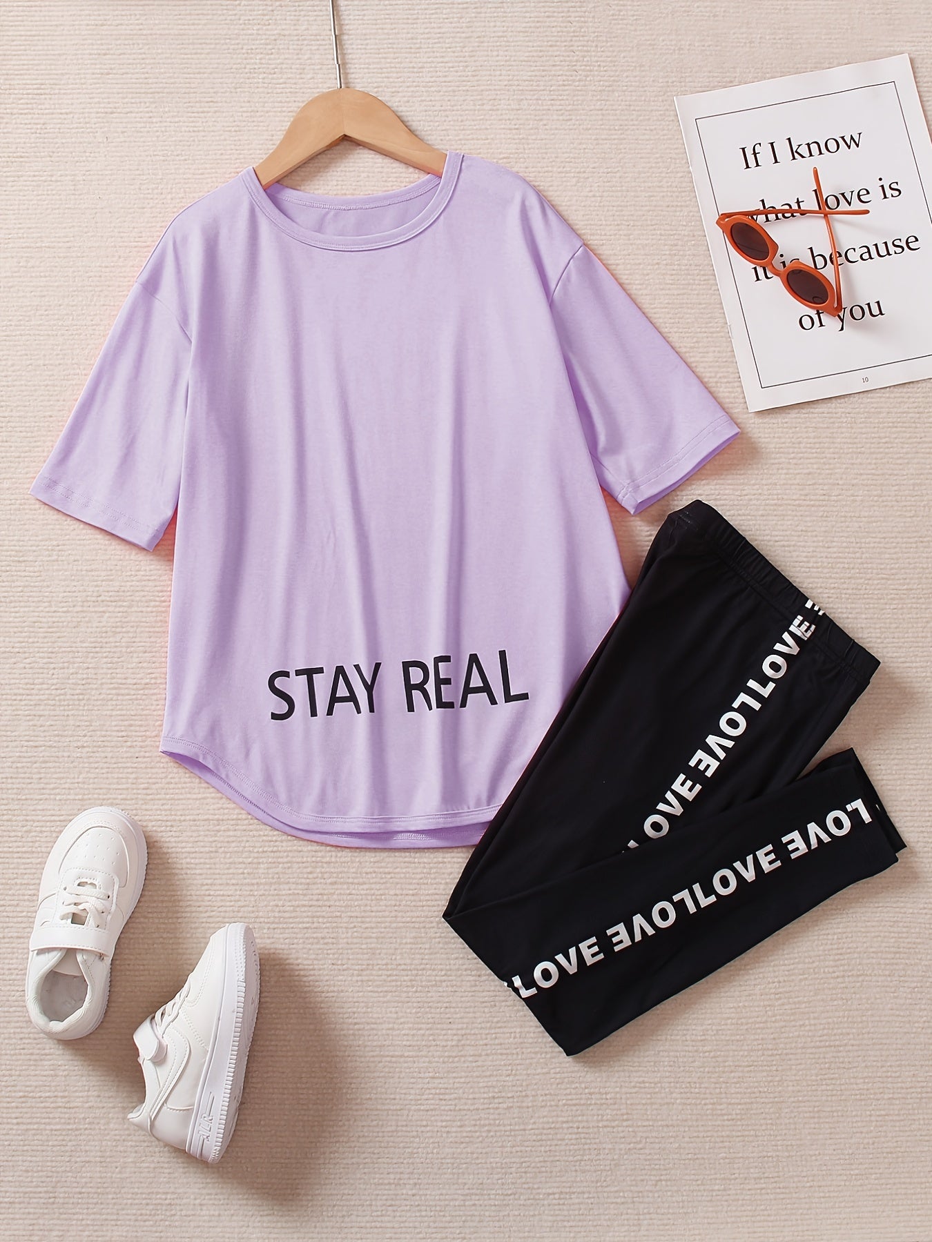 Girls STAY REAL Print Tracksuit Short Sleeve Tee & Track Pants Set