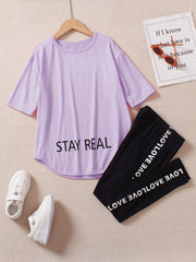 Girls STAY REAL Print Tracksuit Short Sleeve Tee & Track Pants Set