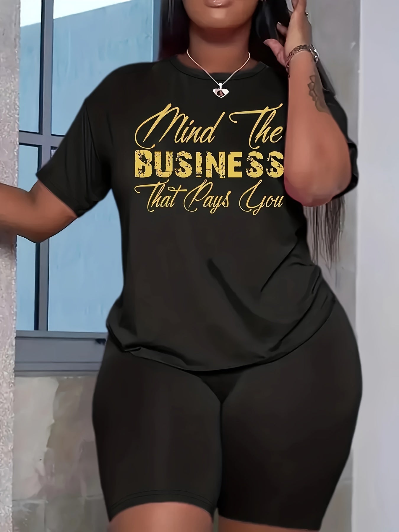 Lounge Set Women's Plus Letter Print Short Sleeve Top & Shorts