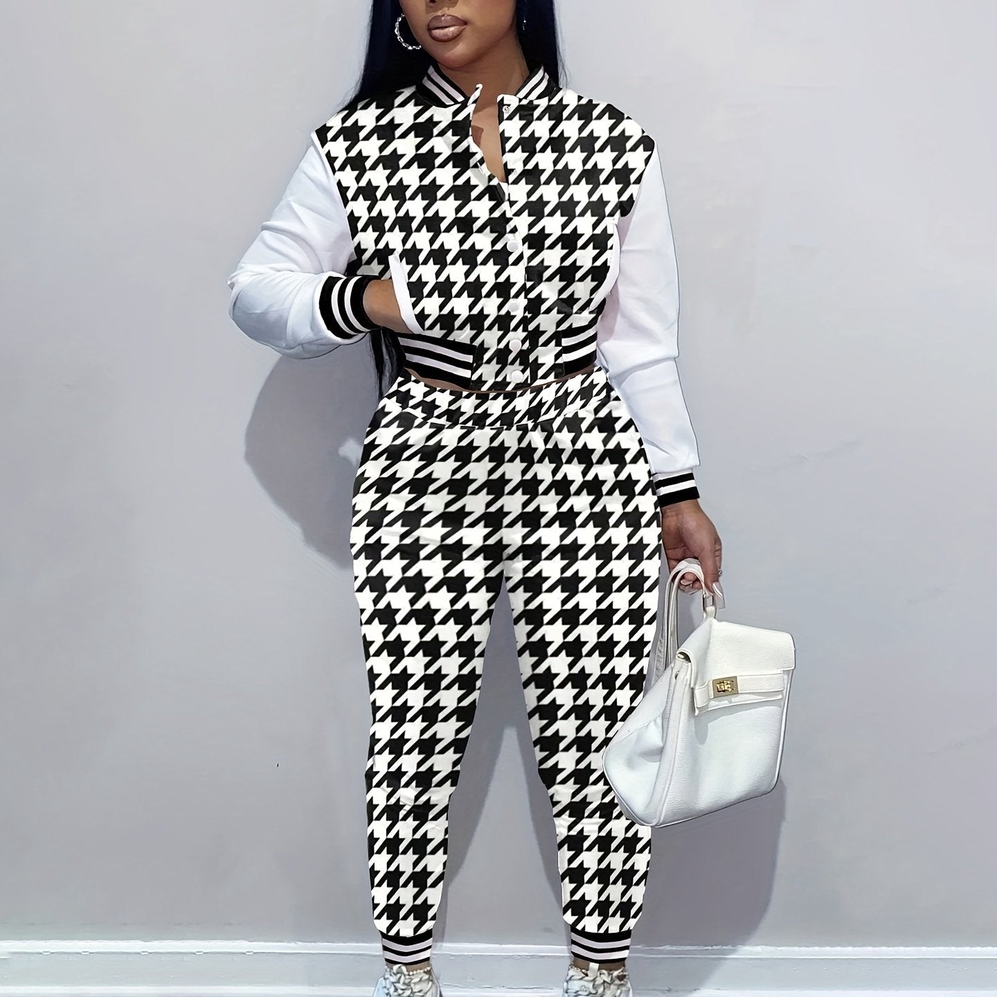 Houndstooth Crop Coat & Jogger Pants Set