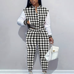 Houndstooth Crop Coat & Jogger Pants Set