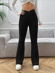 Ribbed Flared Leg Pants High Waist Solid Long Length